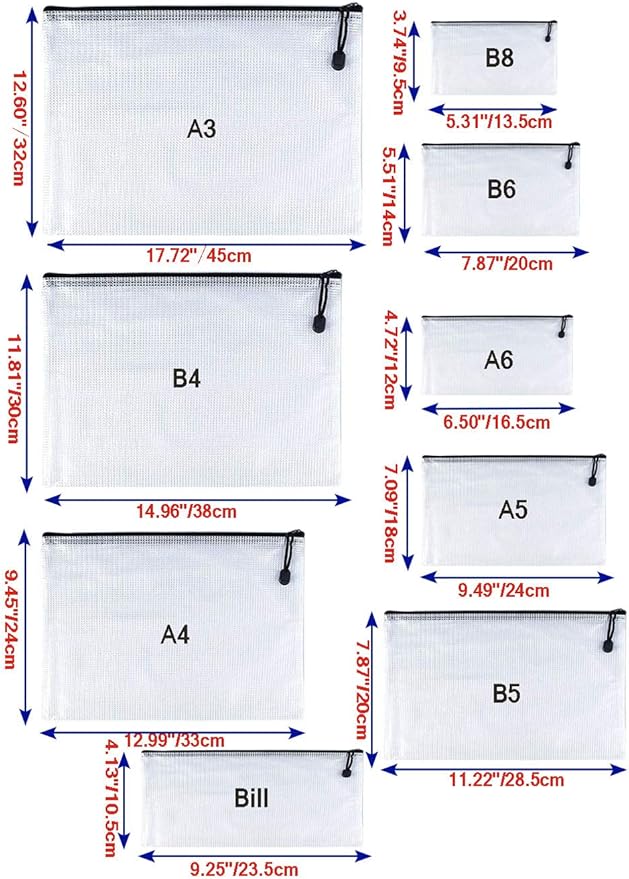 Oaimyy-B4(11.5"x 15"), Mesh Zipper Pouch Document Folders Bag Plastic Zip File Folders for School Office Supplies, Travel, Organizing Storage-Black,6 Pcs