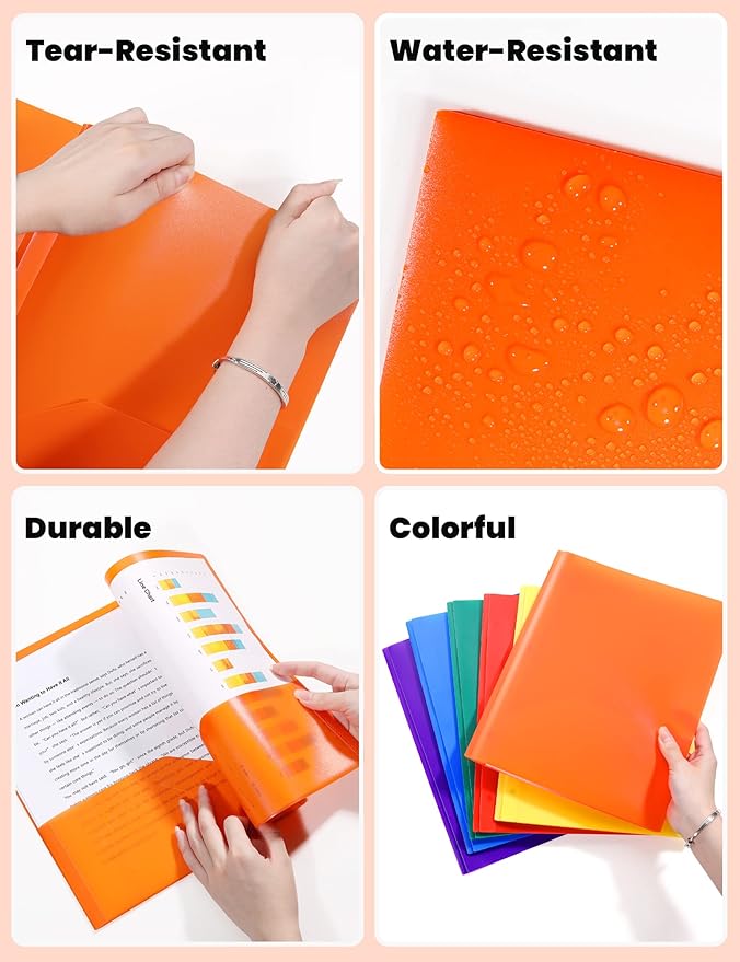 SUNEE 3-Prong Plastic Folders with Pockets (6 Pack, Assorted Colors) 2 Pocket Folders with Fasteners, Tear-Resistant Plastic Pockets, and Fit Letter Size Paper, Use for School Office Home Business