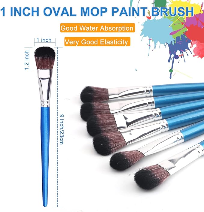 1 Inch Mop Brush for Acrylic Painting, 6 Pieces Oval Blending Brushes for Acrylic Painting with Short Wooden Handle for Acrylic, Gouache,Watercolor