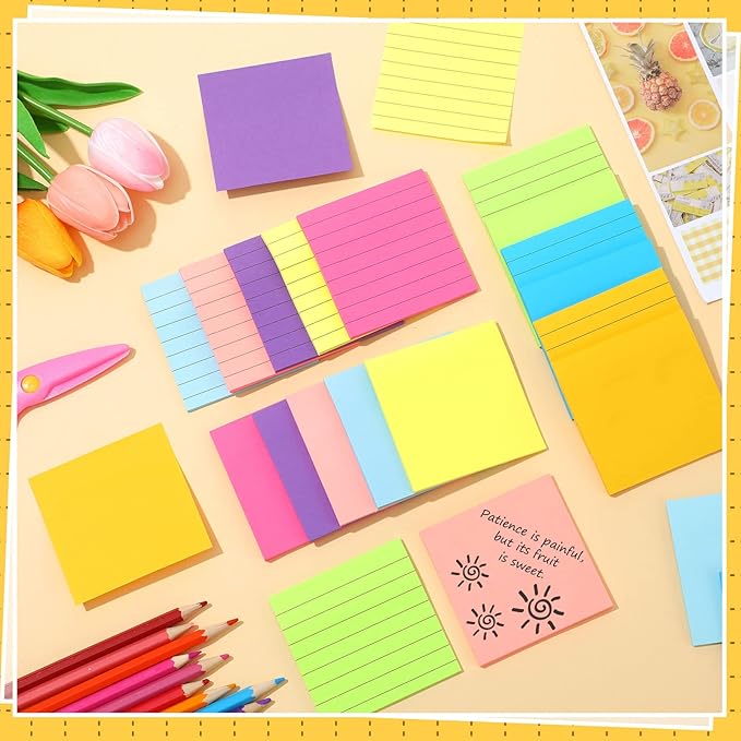 Yexiya 64 Pcs Lined Sticky Notes Self Stick Notes with Lines Bright Assorted Colors Sticky Pad for Home Office Products Post Memos, 1920 Sheets(3 x 3 Inch,Lined, Blank)