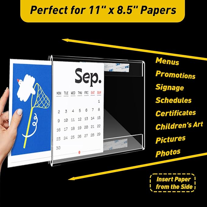 10 Pcs Acrylic Sign Holder 11 x 8.5, Horizontal Wall Mount Sign Holders with 3M Adhesive, Clear Plastic Frames Paper Display Sign Holders for Office, Home, Store, Restaurant - No Drilling