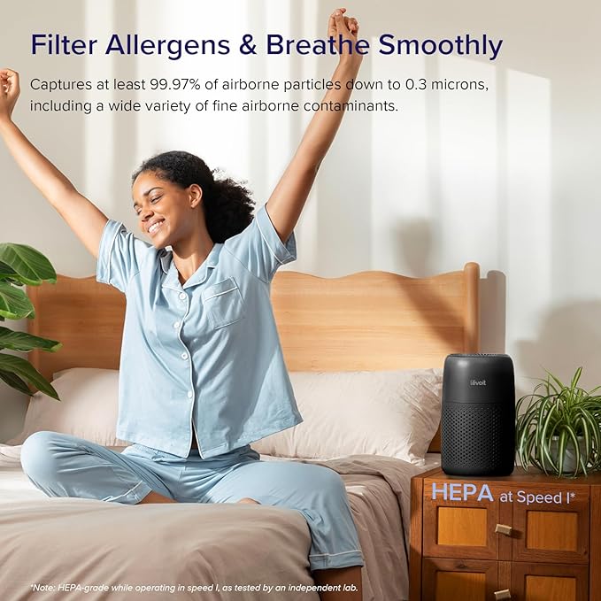 LEVOIT Air Purifiers for Bedroom Home, 3-in-1 Filter Cleaner with Fragrance Sponge for Better Sleep, Filters Smoke, Allergies, Pet Dander, Odor, Dust, Office, Desktop, Portable, Core Mini-P, Black