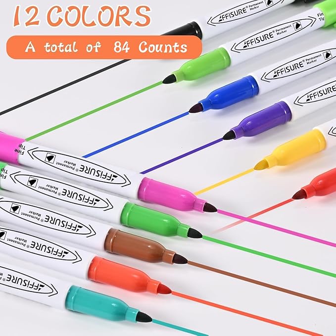 Permanent Markers Assorted Colors Set, 12 Colored Markers 84 Pack, Fine Point,Works on Wood, Plastic, Metal, and More, for Adults, Artist, Taecher, Kids
