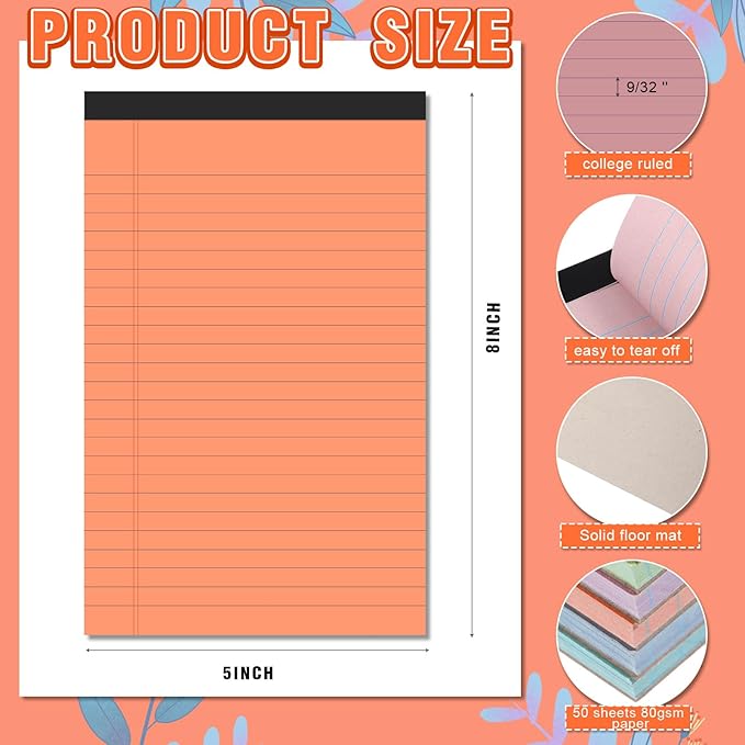 Lincia 12 Pcs 5" x 8" Colored Note Pads Mini Legal Pads Ruled 50 Sheets Per Micro Writing Pads Perforated and Lined for College Office Supplies (Bright Colors)
