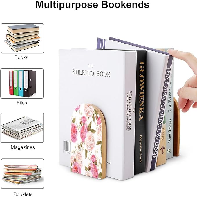 2 Pack Wood Bookends, Pink Floral Flower Rose Non-Skid Book Ends for Heave Books, Decorative Bookends for Shelves Desk, Book Stoppers Book Holders for Home Office Library School