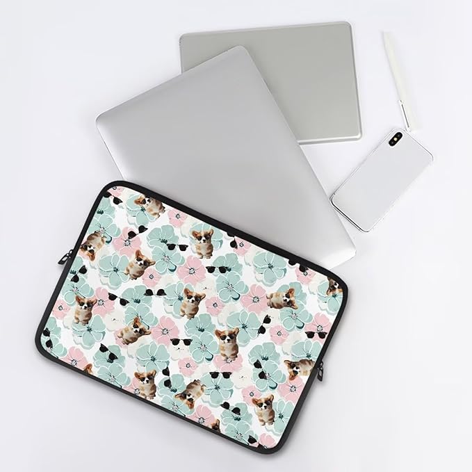 Corgi Dog Printed Computer Bags for Laptops for Women Men, Shockproof 10 Inch Laptop Case Bag Floral Print Messenger Bag with Zipper, Laptop Case Computer Carrying Cover Easy to Carry