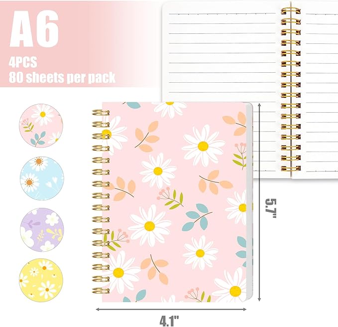 Koogel 4PCS Spiral Notebook Journals, A6 Pocket Notebooks College Ruled Notebooks for Women Gift Office School Supplies