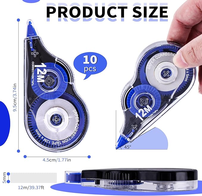 Correction Tape, 10 Pack Correction Tape Easy To Use Applicator for Instant Corrections, 39 ft Each Correction Tape for Study Supplies and Office Products (Blue)