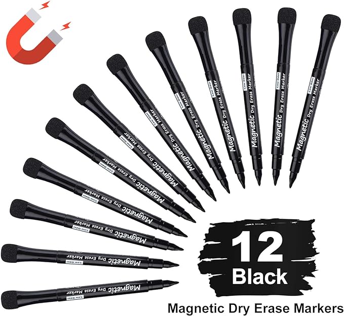 Magnetic Dry Erase Markers, (12 pk) Dealkits Low Odor White Board Markers with Erasers for Kids Teacher Supplies for Classroom Work on White Board, Calender, Fine Tip Point, Black