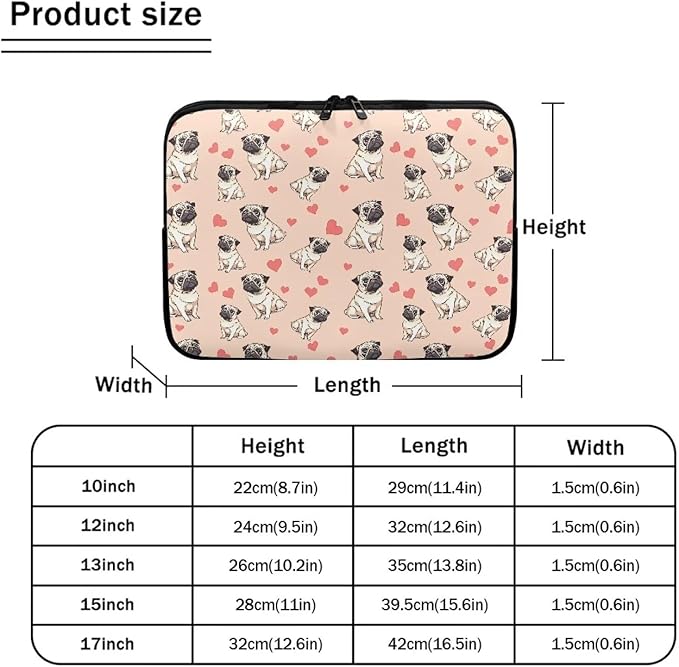 Pug Dog Printed Computer Bags for Laptops for Women, Heart Pattern Computer Carrying Cover Laptop Briefcase, 10 Inch Water Resistant Laptop Case Portable Computer Case Bag