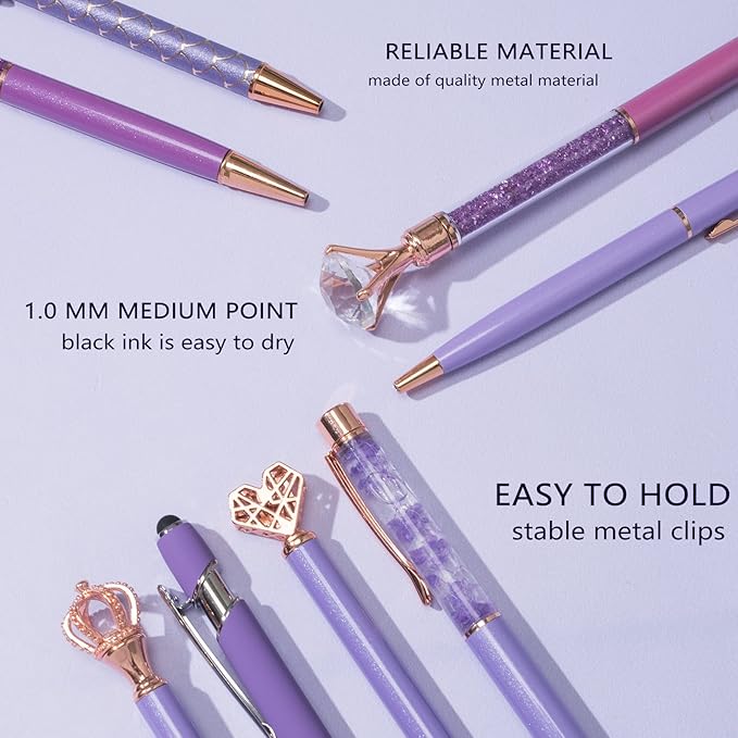 10 Pcs Glitter Ballpoint Pens,Comfortable Writing Pens,Metal Retractable Pretty Journaling cute Pens bulk, Black Ink Medium Point (1.0mm)