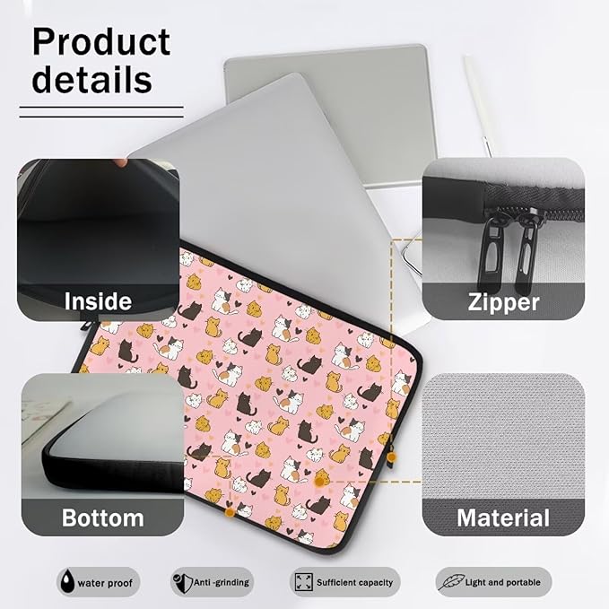 Cat Print Laptop Briefcases for Men Women, Heart Pattern Laptop Sleeve Case Water Resistant Neoprene Computer Carrying Cover 12 Inch Laptop Carrying Bag