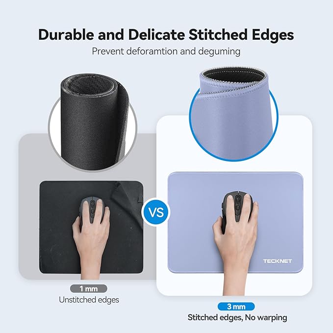 TECKNET Mouse Pad 270 x 210 x 3 mm with Anti-fray Stitchin, Waterproof Surface & Non-Slip Rubber Base with Stitched Edges Gaming Mouse Mat for Laptop,Compatible with Laser and Optical Mice - LT.Blue