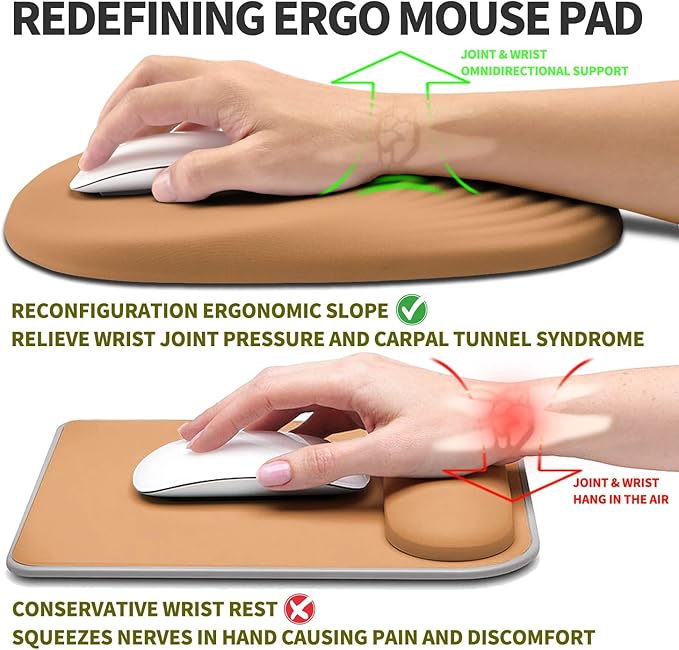 Hokafenle Ergonomic Mouse Pad Wrist Support, Terraced Slope Carpal Tunnel Wrist Pad for Mouse with Unibody Memory Foam, Wrist Rest Pain Relief Mousepad (Sandy Brown, 11.8x7.9 in)
