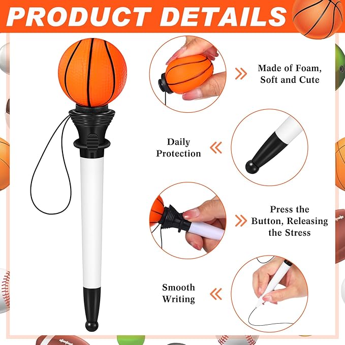 Lincia 24 Pcs Sport Funny Pen Hoop Ballpoint Novelty Bulk Plastic Sports Soccer Basketball Baseball Football Tennis Golf Themed Pen for Birthday Party School Award Party Favor Supplies(Basketball)