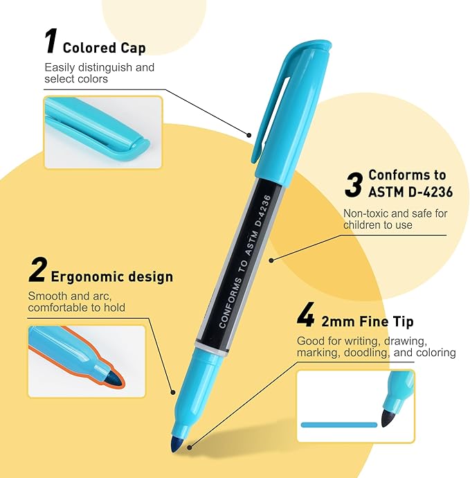 TOWON Permanent Markers 12 Assorted Colors - Waterproof Colored Fine Tip Pens Set, Home Office School Supplies for Kids, Adults Coloring