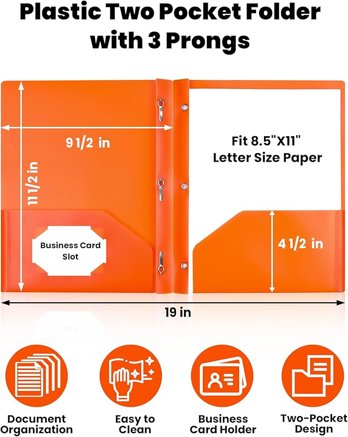 SUNEE 3-Prong Plastic Folders with Pockets (6 Pack, Assorted Colors) 2 Pocket Folders with Fasteners, Tear-Resistant Plastic Pockets, and Fit Letter Size Paper, Use for School Office Home Business
