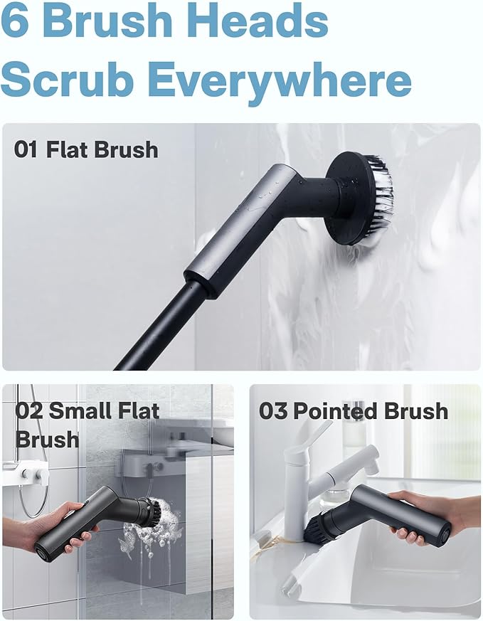 HOTO Electric Spin Scrubber, IPX7 Full Body Waterproof Bathroom Shower Cleaning Brush, Shower Scrubber Brush with Long Handle, 6 Brush Heads, Power Scrubber for Shower, Bathroom, Floor, Tile