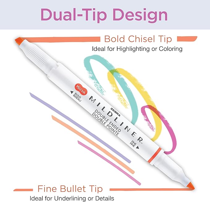 Zebra Mildliner Double Ended Highlighter, Assorted Ink Colors, Bold-Chisel/fine-Bullet Tips, Assorted Barrel Colors, 10/set