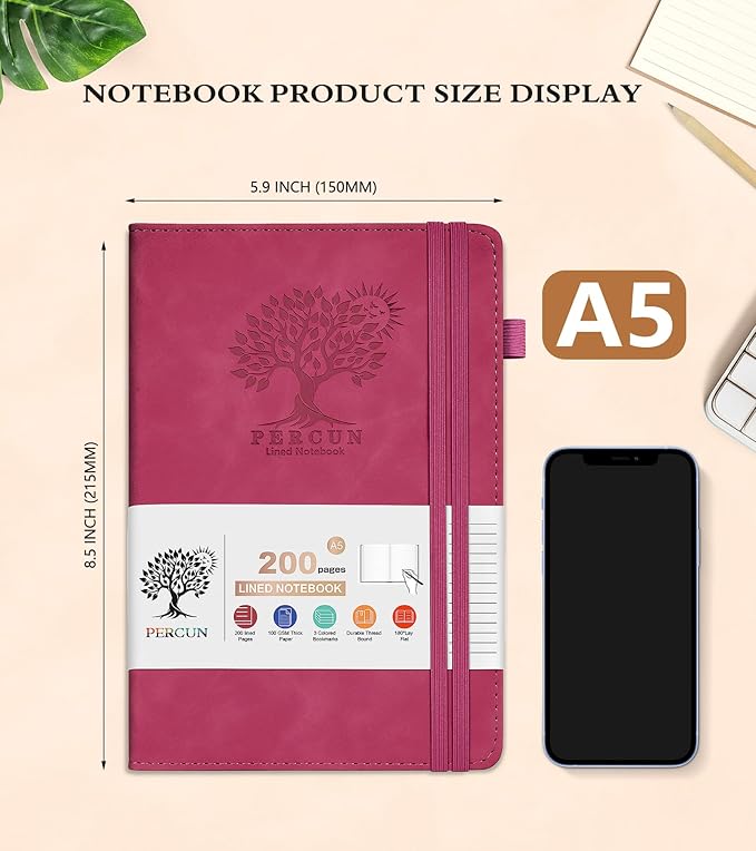 Lined Journal Notebook for Women and Men,Hardcover Leather Journaling Notebook for Writing,Travel,Business,Work and School,200 Pages A5 Notebook for Note Taking,Diary 5.9" × 8.5" - Wine red