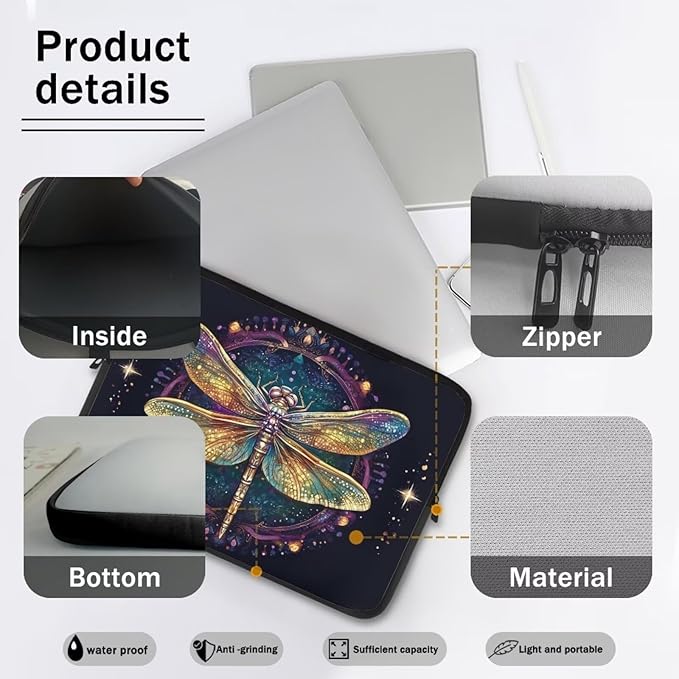 Dragonfly Printed Computer Bags for Laptops for Women, Large Capacity Computer Carrying Cover Laptop Briefcase, 17 Inch Water Resistant Laptop Case Portable Computer Case Bag