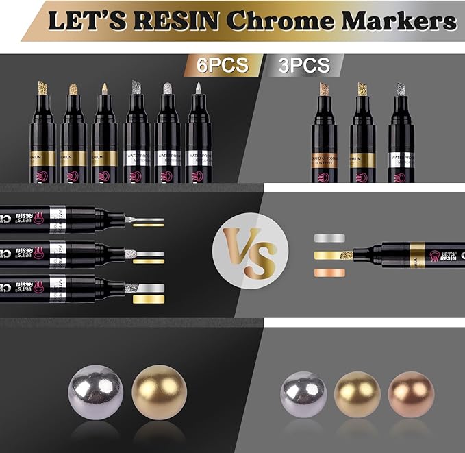 LET'S RESIN 6Pcs Mirror Chrome Markers,3 Sizes Shiny Chrome Paint Pen with Large Barrel, Quick Dry Oil-based Silver & Gold Markers for Metal, Resin, Model Painting, Marking or DIY Art(1-5mm