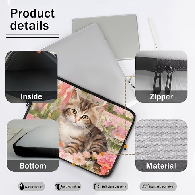 Cat Rose Printed Laptop Bag for Women Men, Lightweight Laptop Briefcase 12 Inch Shockproof Computer Carrying Cover with Zipper, Easy to Carry Laptop Case Bag for Daily Commuting