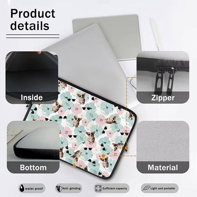 Corgi Dog Printed Computer Bags for Laptops for Women Men, Shockproof 10 Inch Laptop Case Bag Floral Print Messenger Bag with Zipper, Laptop Case Computer Carrying Cover Easy to Carry
