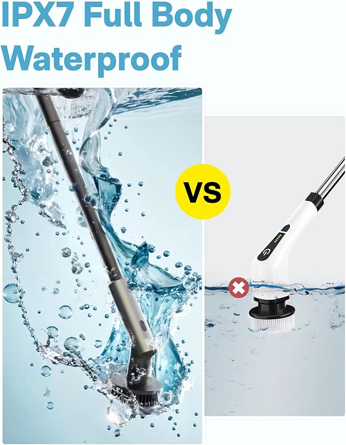 HOTO Electric Spin Scrubber, IPX7 Full Body Waterproof Bathroom Shower Cleaning Brush, Shower Scrubber Brush with Long Handle, 6 Brush Heads, Power Scrubber for Shower, Bathroom, Floor, Tile