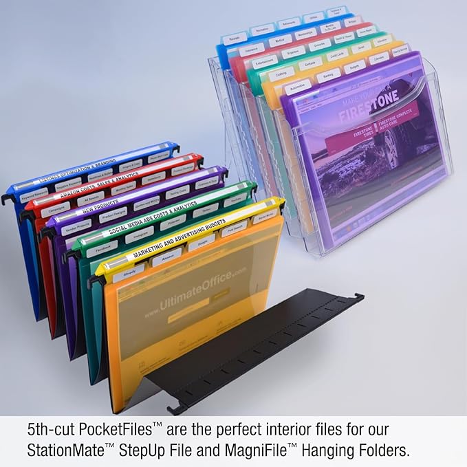Ultimate Office PocketFile™ Clear Poly Document Folder Project Pockets, 5th-Cut, Letter Size, in 5 Assorted Colors, Set of 50
