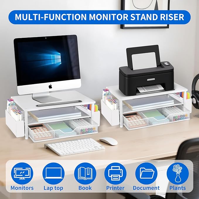 AUPSEN White Monitor Stand Riser, 2-Tier Wood Computer Desk Organizer with Drawer, Pen Storage & Phone Holder ,Office Desk Accessories Desktop Organizer for Office Supplies