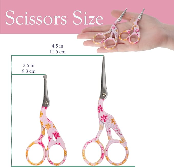 Stork Bird Rounded Safety Tip Embroidery Craft Stainless Steel Crane Scissors - Pink - 2 Pairs