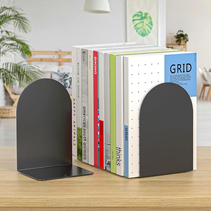 Bookends 1 Pair, Metal Round Book Ends, Bookends for Shelves, Book Ends for Desk, Book End to Hold Books, Book Stopper, Black Bookend for Home Office