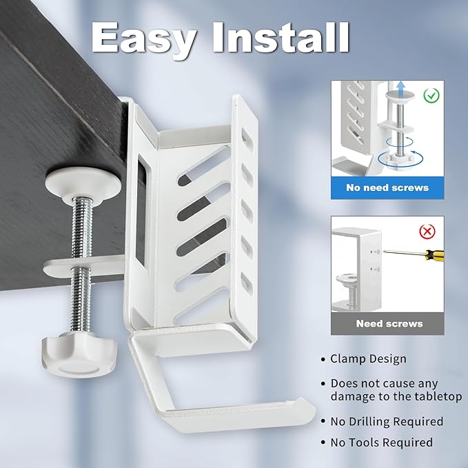 FEIKU No Drill Desk Side Laptop Mount,Hanging Laptop Holder for Office and Home,Clamp on Desk Side Storage Organizer for Laptops/MacBook/Book/Keyboards/Headphone/Gamepad/Backpack White