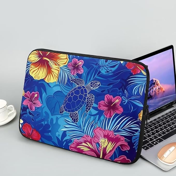 Sea Turtle Printed Laptop Briefcase for Women Men, Hibiscus Flower Printed 15 Inch Laptop Bag Messenger Bag Lightweight Laptop Case for Office Business Traveling Daily Use