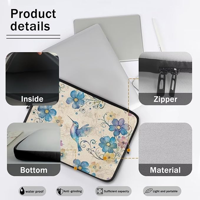 Hummingbird Printed Laptop Case Bag 10 Inch, Floral Printed Computer Bag Portable Laptop Sleeve for Boys, Easy to Carry Laptop Briefcase Work Bag Compatible with Most Laptops