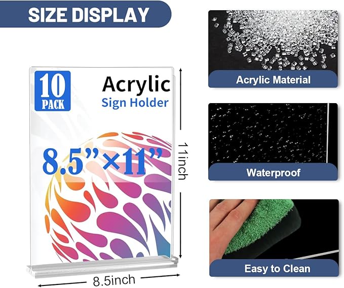 10 Pack Acrylic Sign Holder 8.5 X 11, Vertical T Shape Clear Plastic Sign Holder, Double Sided Clear Display Stand Table Top Sign Paper Holder, Sign Holder Suitable for Office, Store