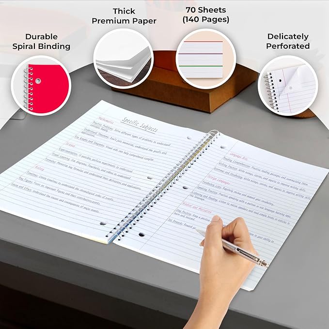 1 Subject Notebook Wide Ruled, 6 Pack, 70 Sheets (140 Pages), 8 x 10-1/2, 3 Hole Punched Notebooks, Thick No-Bleed Paper, Sturdy Back, Wide Ruled Notebook for School & Office, Assorted Colors
