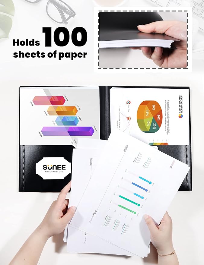SUNEE 2 Pocket Folders (12 Pack, Black) Heavy-Duty Plastic Folders with Pockets, Fit 8.5x11 Letter Size Paper, 2-Pocket File Folders for Kids, Home, School, Office