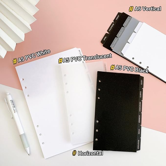 DY.2ten White Binder Dividers for 6-Holes Ring Binder, 1/7 Cut Tabs, A5 Size, Sturdy Plastic Dividers with 7 Tabs for School Office Home, 2 Sets, 14 Dividers, 2 Tab Stickers.