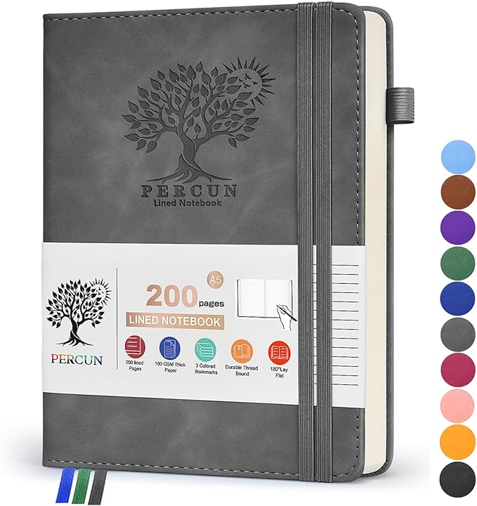 Lined Journal Notebook for Women and Men,Hardcover Leather Journaling Notebook for Writing, Travel, Business, Work and School,200 Pages A5 Notebook for Note Taking, Diary 5.9" × 8.5" - gery