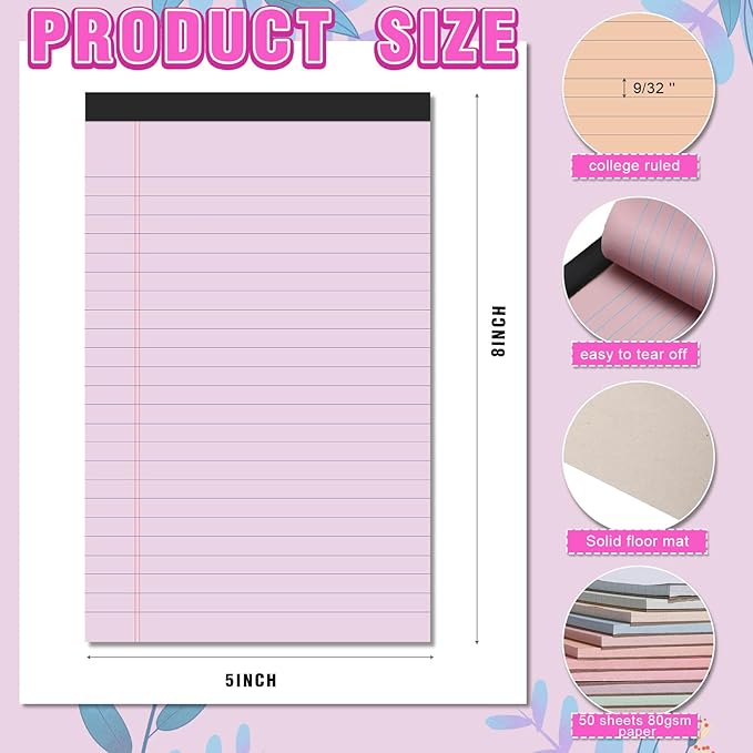 Lincia 24 Pcs 5" x 8" Colored Note Pads Mini Legal Pads Ruled 50 Sheets Per Micro Writing Pads Perforated and Lined for College Office Supplies (Sweet Colors)