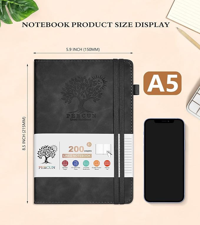 Lined Journal Notebook for Women and Men,Hardcover Leather Journaling Notebook for Writing, Travel, Business, Work and School,200 Pages A5 Notebook for Note Taking, Diary 5.9" × 8.5" - Black
