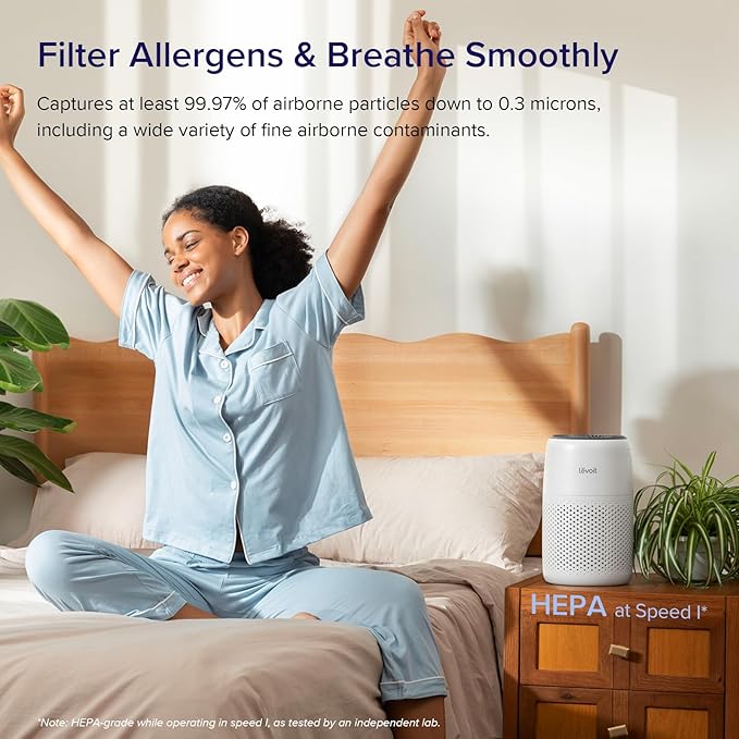 LEVOIT Air Purifiers for Bedroom Home, 3-in-1 Filter Cleaner with Fragrance Sponge for Better Sleep, Filters Smoke, Allergies, Pet Dander, Odor, Dust, Office, Desktop, Portable, Core Mini-P, White