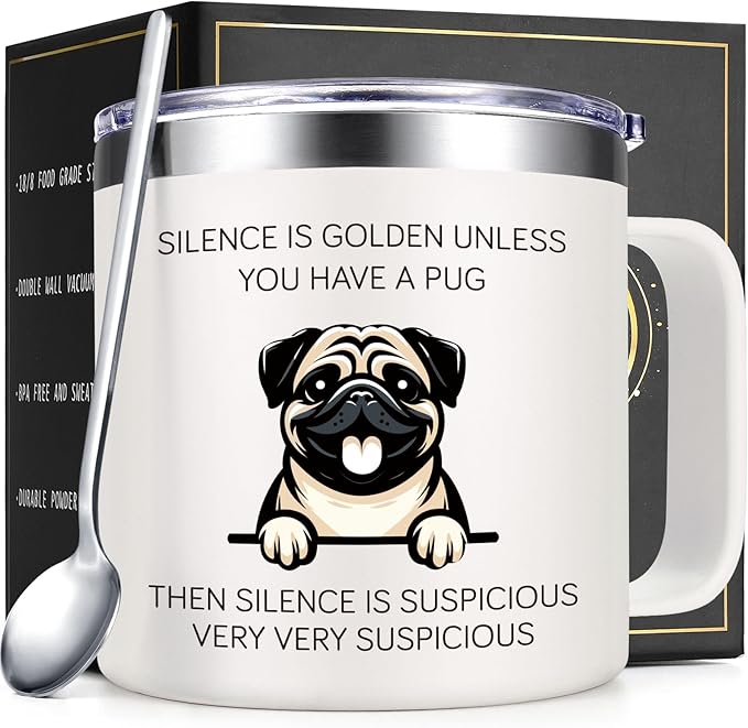 Lifecapido Pug Gifts for Pug Lovers, Silence is Golden Unless You Have A Pug 14 oz Coffee Mug, Dog Lover Gifts, Dog Mom Gifts, Birthday Christmas Gifts for Pug Lovers, Pet Lovers, White