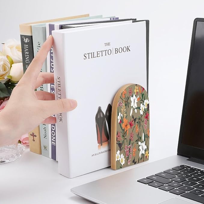 2 Pack Wood Bookends, Spring Floral Flowers Butterfly Non-Skid Book Ends for Heave Books, Decorative Bookends for Shelves Desk, Book Stoppers Book Holders for Home Office Library School