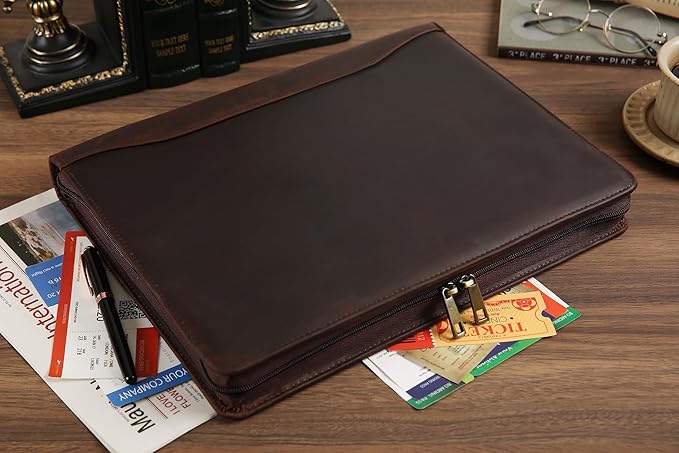 Portfolio Binder 3 Ring, Leather Binder Portfolio Folder for Left-Handed, Zippered Portfolio Padfolio Binder for Women, Leather Portfolio Organizer for Men (Dark Brown, Custom)