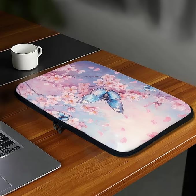 Butterfly Print Laptop Bag for Girls, 15 Inch Peach Blossom Laptop Sleeve Soft Laptop Case Bag for Girls, Waterproof Laptop Briefcase Computer Bag with Zipper