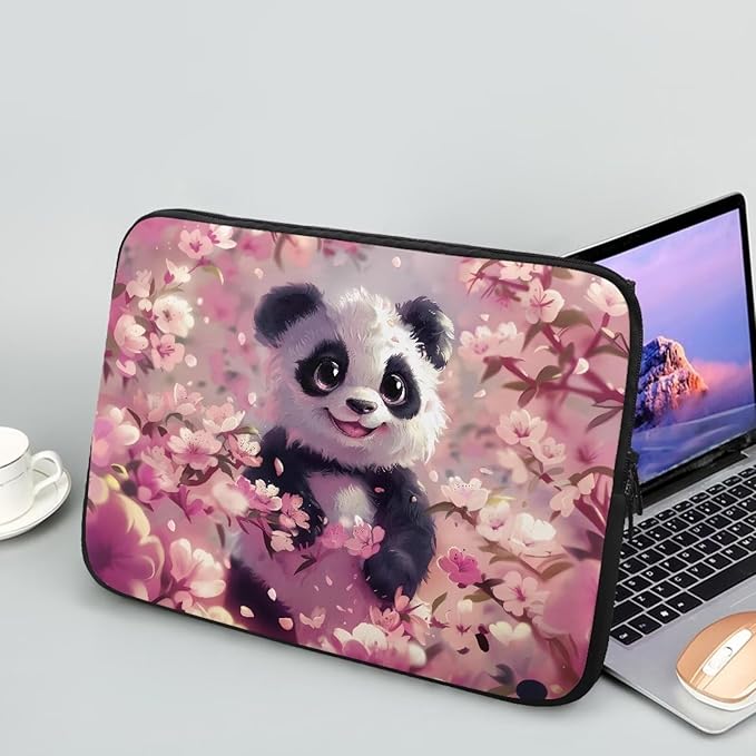 Panda Cherry Blossom Printed Computer Case Bag for Girls Boys, Washable 13 Inch Laptop Bag Carrying Case Laptop Briefcase Neoprene with Zipper, Compatible with Various Computers, Pink
