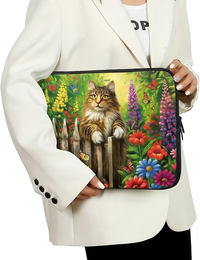 Cats Flower Printed Laptop Briefcase for Women Men, Waterproof 13 Inch Laptop Bag Messenger Bag Lightweight Laptop Case for Office Business Traveling Daily Use, Gift for Father